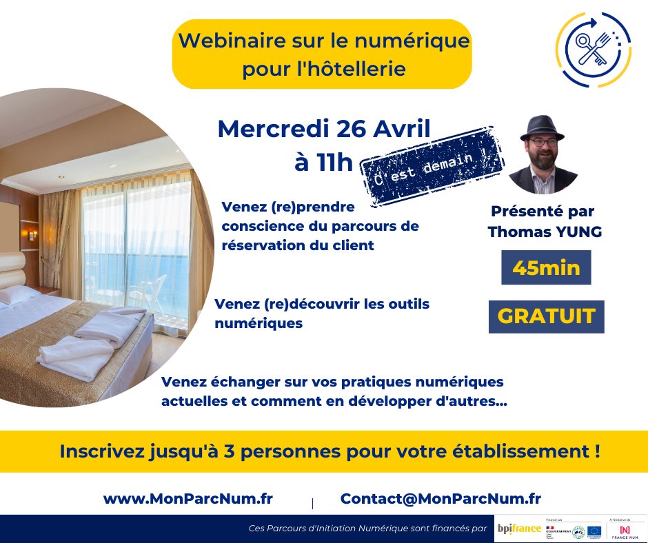 Parcours D'initiation Numérique (@monparcnum) on Twitter photo 🕒C'est DEMAIN !
N'oubliez pas notre webinaire présenté par Thomas Yung pour en connaître davantage sur les nouvelles pratiques numériques à acquérir !
🌐MonParcNum.fr
<a href="/GHR_HCR/">GHR</a> <a href="/artiref/">Thomas Yung</a> <a href="/SNRTC_France/">SNRTC</a> <a href="/tendanceh/">TendanceHôtellerie</a> <a href="/CGAD_france/">CGAD</a> <a href="/foodhoteltech/">Food Hotel Tech</a> <a href="/FairBooking/">Fairbooking</a> 🕒C'est DEMAIN !
N'oubliez pas notre webinaire présenté par Thomas Yung pour en connaître davantage sur les nouvelles pratiques numériques à acquérir !
🌐MonParcNum.fr
<a href="/GHR_HCR/">GHR</a> <a href="/artiref/">Thomas Yung</a> <a href="/SNRTC_France/">SNRTC</a> <a href="/tendanceh/">TendanceHôtellerie</a> <a href="/CGAD_france/">CGAD</a> <a href="/foodhoteltech/">Food Hotel Tech</a> <a href="/FairBooking/">Fairbooking</a>
