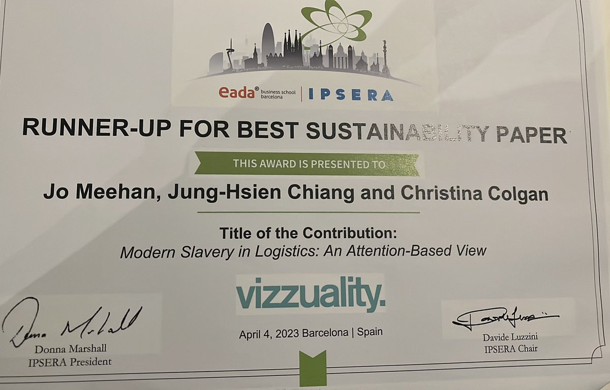 ProfJoMeehan's tweet photo. We (nearly) won!! Runner up award for the best sustainability paper at the ever-brilliant @ipsera conference in @EADABusiness in Barcelona. This piece of research was with 2 of my @UoLManSchool MSc students so delighted! #ipseraSpirit #ipsera #responsibleProcurement @livunioscm https://t.co/2GLbdgEjwR