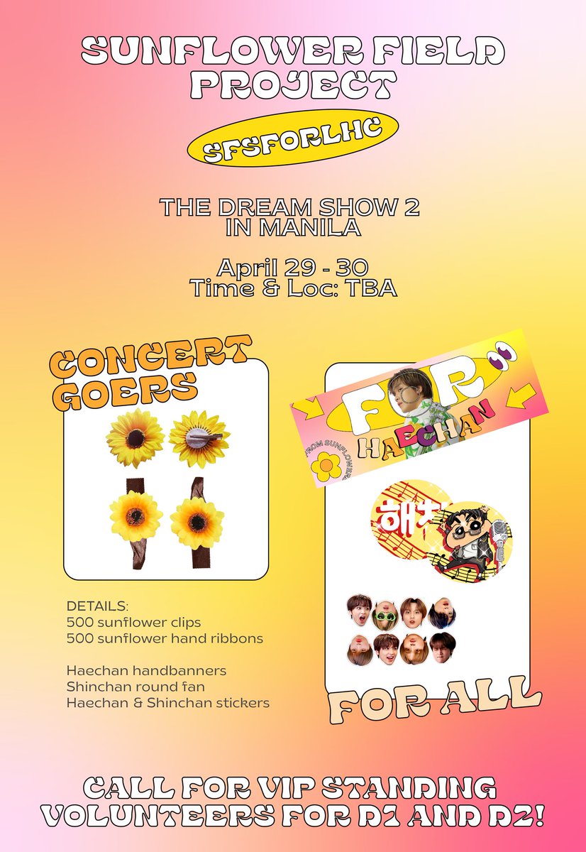 SFSforLHC's tweet photo. TDS2 MNL #HAECHAN FAN SUPPORT
#SunflowersForHaechanInMNL

April 29 &amp; 30 

✅️ sunflower clips
✅️ sunflower hand ribbons
✅️ banners, round fan, stickers and more

Donation drive for additional qty:
🔗 https://t.co/e7Svy1sOXw

Call for distributors:
🔗 https://t.co/CYQGdmCuMr https://t.co/0XlaMcYx86