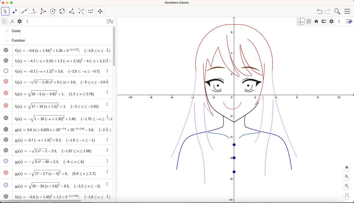 jr_bautista's tweet image. Another @geogebra #functionart. Created by Mechelle Plata (Grade 11) of Valencia National High School, Ormoc City, Philippines: geogebra.org/m/uqz7jvrd