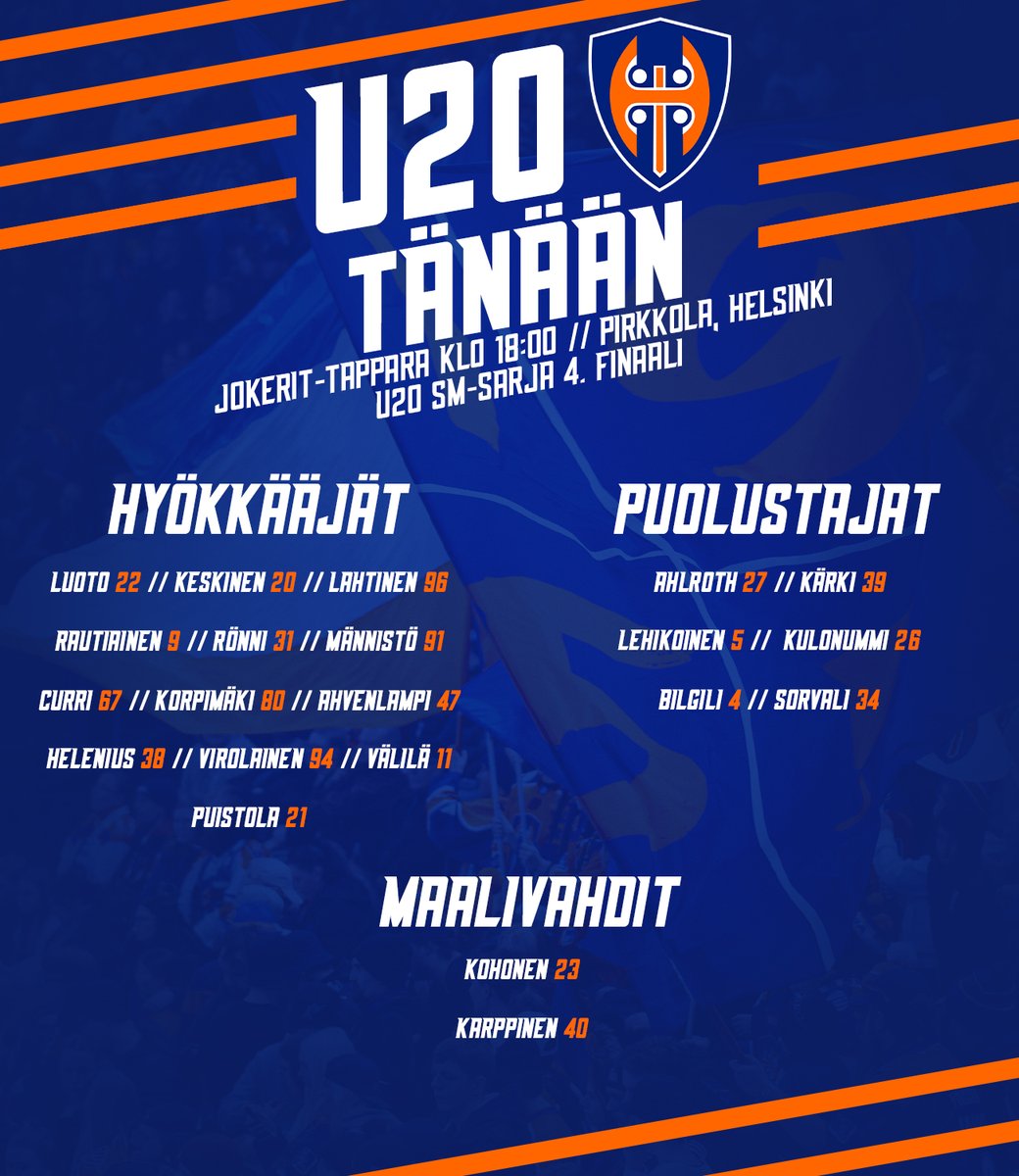 Tappara U20 tänään! 🔥

🏒 4. finaali: Jokerit–Tappara
🕕 Klo 18:00, Pirkkolan jäähalli
📺 Leijonat.tv
ℹ️ Tulospalvelu: tulospalvelu.leijonat.fi/game/?season=&…

🔹 Otteluvoitot Tapparalle 2-1
🔸 Mestaruus katkolla tänään!

#Tappara #U20sm