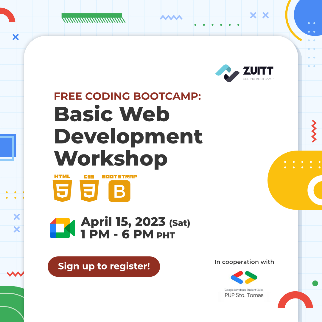 zuittco's tweet image. Join our Basic Web Development Workshop on April 15! 

👋 Register here: codenow.zuitt.co/FCBApril15Regi…

🔍Event Details:
💻 Basic Web Development Workshop
🗓️ April 15, 2023 (Saturday)
🕐 1:00 PM - 6:00 PM PHT

#Zuitt #FreeCodingBootcamp #GoogleDevelopersStudentClub