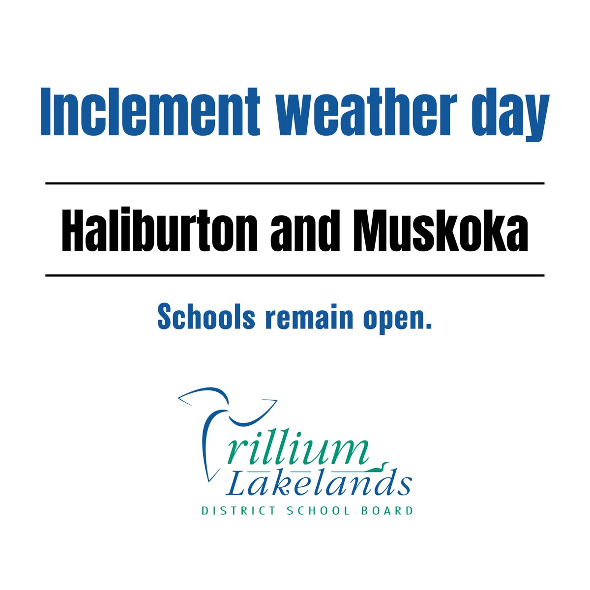 (1/2) Due to freezing rain, transportation is not operating to schools in  Haliburton and Muskoka today, Wednesday, April 5. 

Schools remain open and learning opportunities will continue for students who are able to safely attend in-person.