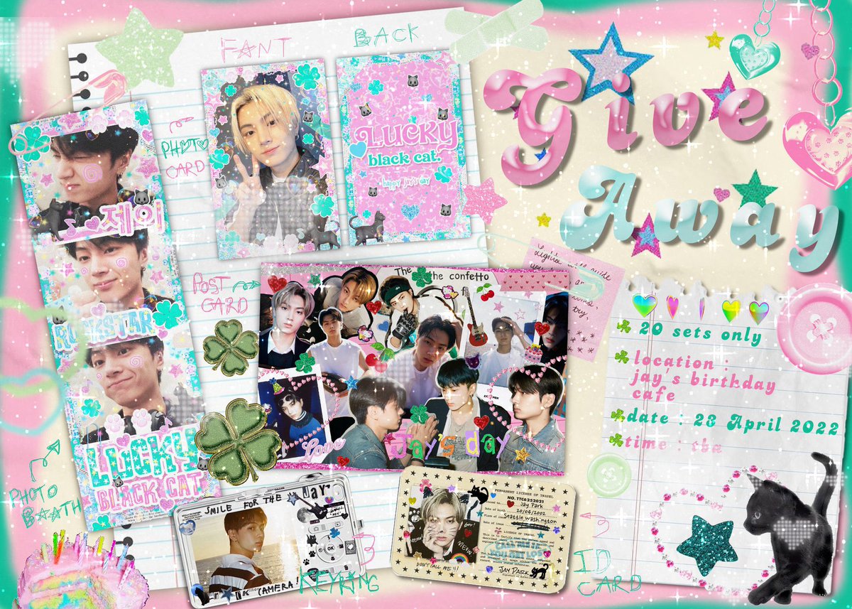 ⊹ ⋆ﾟgiveaway #happyjayday 🐈‍⬛🍀♥︎𓈒

20 𝒮𝑒𝓉𝓈 ♡̷̷̷ ᰔᩚ ･͛♡̷̷̷･͛

★ date : 23 apr 
★ time :  tbc
★ place : jay’s birthday cafe 

rt and show this tweet ! ໒꒰ྀི∩˃ ᵕ ˂∩꒱ྀི১

 #happybirthdayjay
#OurCozyHome_Jay #MyBelovedBlackCat_is_JAY