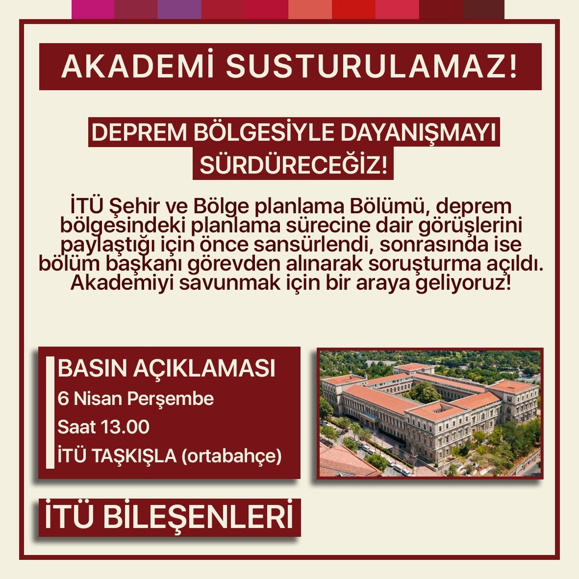Toplum_Icin's tweet photo. 📢 Basın açıklaması

Hocaların paylaştığı bildiriden sonra bölüm sitesinin kapatılmasına ve ŞBP bölüm başkanının görevden alınıp hakkında soruşturma açılmasına karşı bir araya geliyoruz 

📍İTÜ Mimarlık Fakültesi (Taşkışla Kampüsü) Orta bahçe 
🗓️ 6 Nisan Perşembe
🕑 13.00 https://t.co/LeWslGcM7o