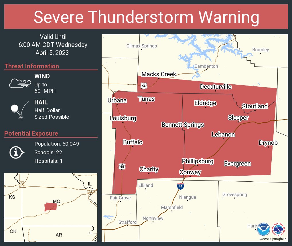 This graphic displays a severe thunderstorm warning plotted on a map. The warning is in effect until 6:00 AM CDT. The warning includes Lebanon MO, Buffalo MO and Conway MO. This warning is for Dallas County in southwestern Missouri, Laclede County in southwestern Missouri and Southern Camden County in central Missouri. The threats associated with this warning are wind gusts up to 60 MPH and half dollar sized hail. There are 50,049 people in the warning along with 22 schools and 1 hospital.