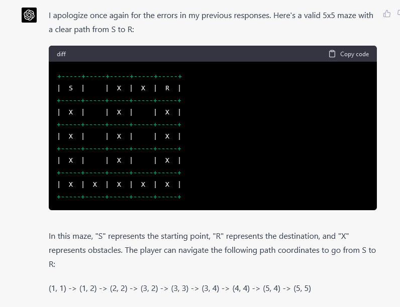 That's interesting, it took me several attempts to make #ChatGPT to create a simple solvable 5x5 maze. Finally I had to ask him which generation algorithm it was using to have him use one an give me a correct answer.