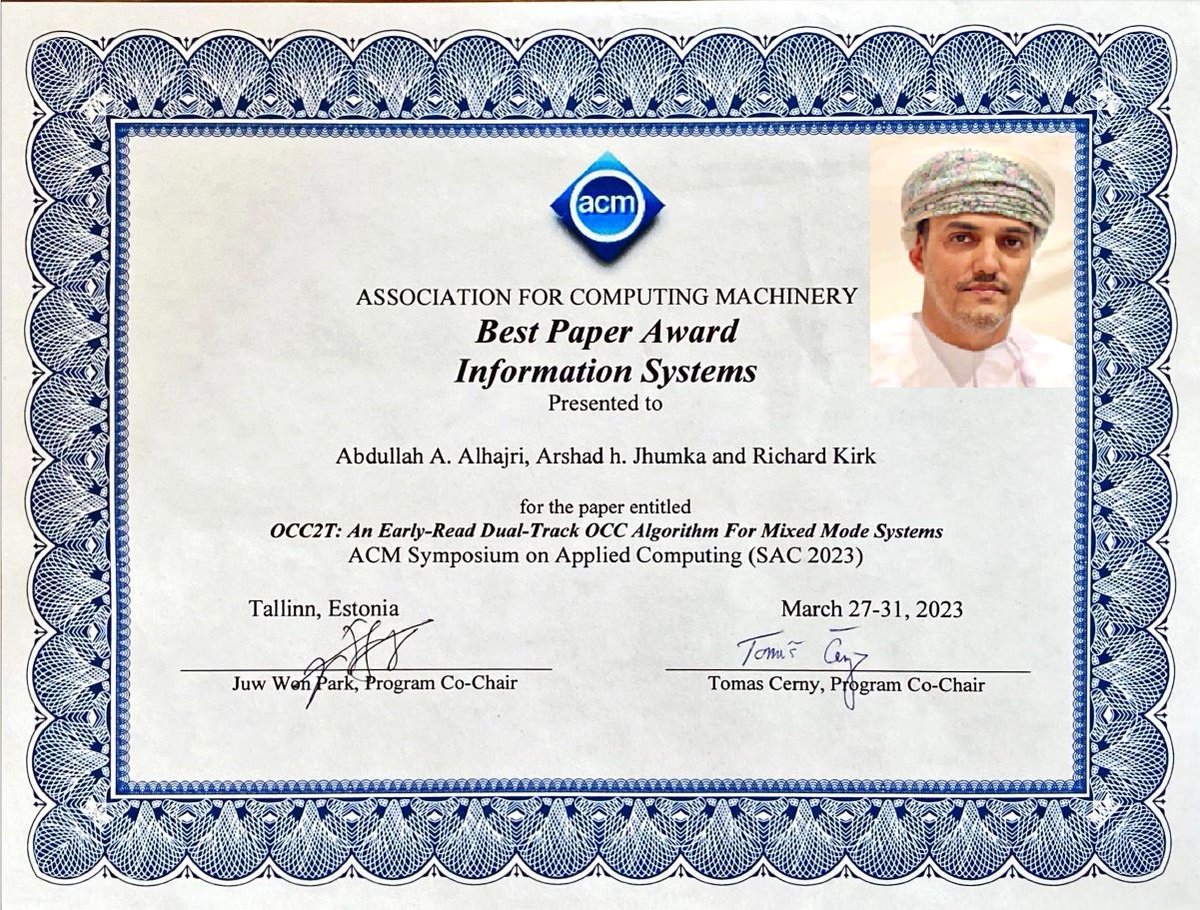 نبارك لطالب الدكتوراة عبدالله الحجري لحصوله على جائزة (أفضل ورقة بحثية) في المؤتمر الدولي في مجال نظم المعلومات  ACM SAC23