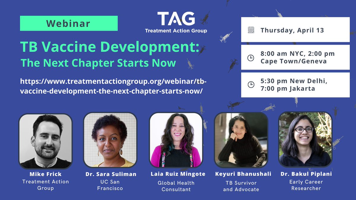 TAGTeam_Tweets's tweet photo. Would you like easy-to-understand and up-to-date info on TB vaccine development? Experts will break down current research and answer community questions at a TAG webinar April 13. 

Details here: https://t.co/ukEmKK81Ar https://t.co/kfg7z631Yt