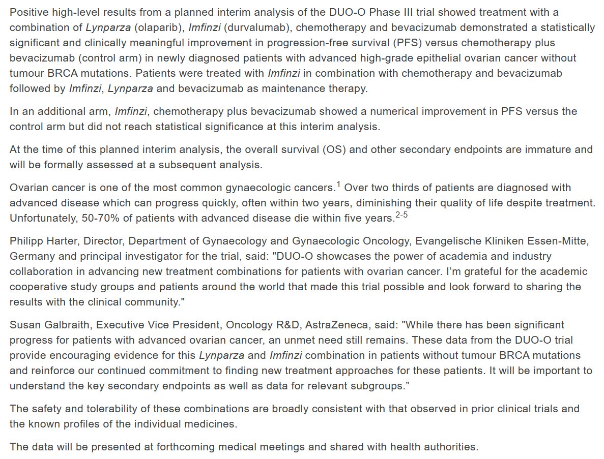 Allegra Rollo (@allegrarollo) on Twitter photo Incredible seeing positive topline results for DUO-O, the first IO + PARPi trial to readout in #ovariancancer! Will be interesting to compare efficacy in durvalumab + olaparib vs. durva arms - what will be magnitude of benefit of IO + PARPi, given past IO failures in OC? #gyncsm Incredible seeing positive topline results for DUO-O, the first IO + PARPi trial to readout in #ovariancancer! Will be interesting to compare efficacy in durvalumab + olaparib vs. durva arms - what will be magnitude of benefit of IO + PARPi, given past IO failures in OC? #gyncsm