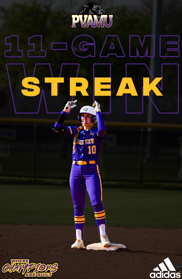 pvamusoftball's tweet photo. Keeping up with the Lady Panthers ✨

• 11 game win streak 
• 4 consecutive conference sweeps
• Game series v.s. Arkansas Pine Bluff April 7-8 

Stay updated and follow along as we make history 🔥✨
#PVAMU #NCAASoftball #AllGasNoBrakes #PlayForCaidence https://t.co/trG7GI68Dt