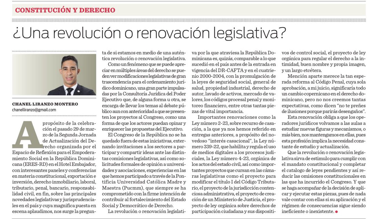 Les comparto mi artículo de hoy en el periódico <a href="/ElCaribeRD/">El Caribe</a> “¿una revolución o renovación legislativa?”

elcaribe.com.do/opiniones/una-…