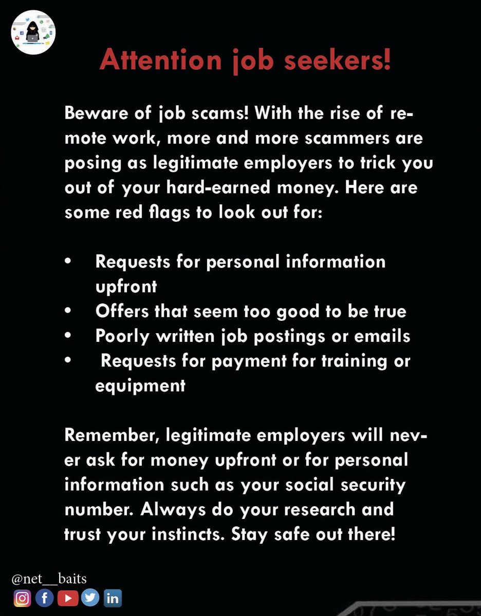 Net_Baits's tweet photo. Alert for Job Seekers... Be aware before selecting Jobs. For more information do follow @Net_Baits 

#scam #scammers #fraud #scammer #scamalert #scammersofinstagram #fake #scammeralert #spam #romancescams #fakeaccount #scams #money #covid #fraudster #instagram #fbi #socialmedia https://t.co/bjFazhol7g