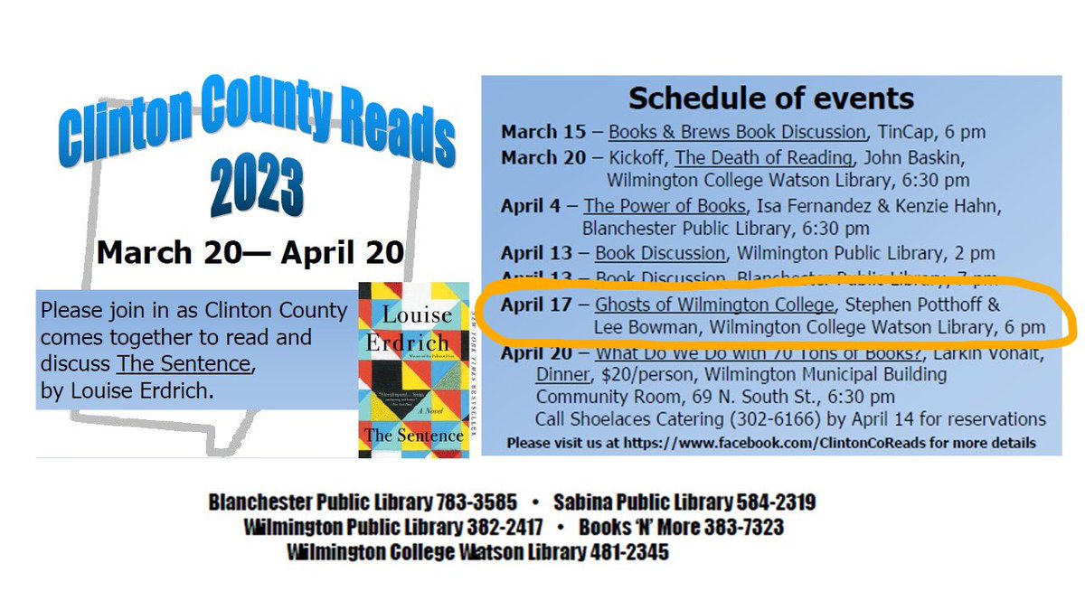 Watson_Library's tweet image. Do you want to know about the Ghosts of Wilmington College?
 
Stephen Potthoff and Lee Bowman will be speaking on this topic on Monday, April 17 at 6pm in Watson Library.