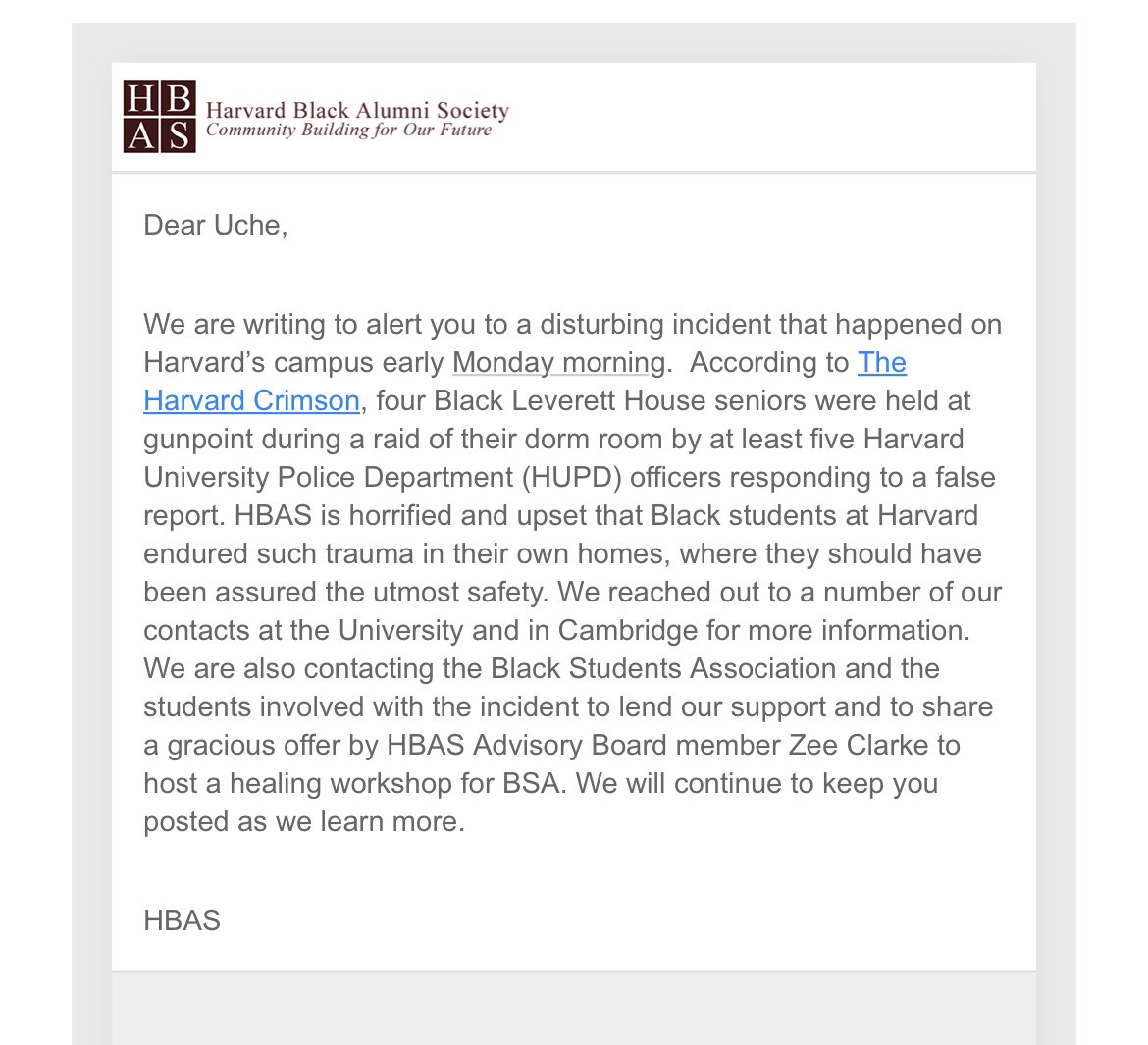 Statement from the <a href="/Harvard/">Harvard University</a> Black Alumni Society.