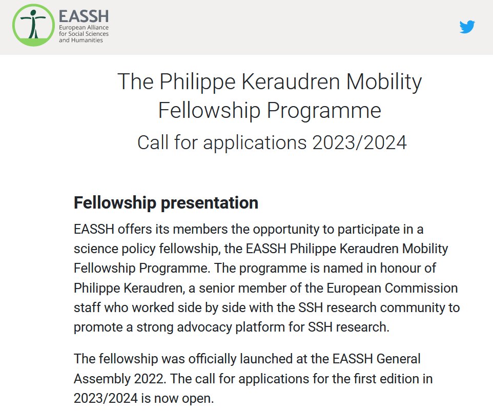 ❓Are you an early career #researcher looking for an opportunity to gain 1st-hand policy experience in Brussels?  

EASSH offers its members a science policy fellowship! 

👉Apply now! 
📌Deadline: 28.04 

eassh.eu/Thematic/Calls… #SSH #EASSHFellowship