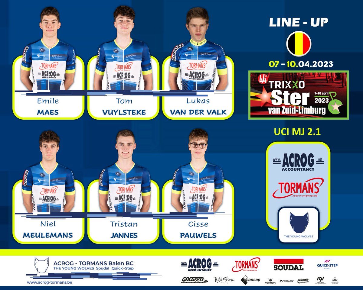 acrog_tormans's tweet photo. Line-Up 44ste Ster van Zuid-Limburg
Good luck 🐺
#acrogtormans #soudalquikstep #theyoungwolves #wearebalenbc https://t.co/46tZcJbalt