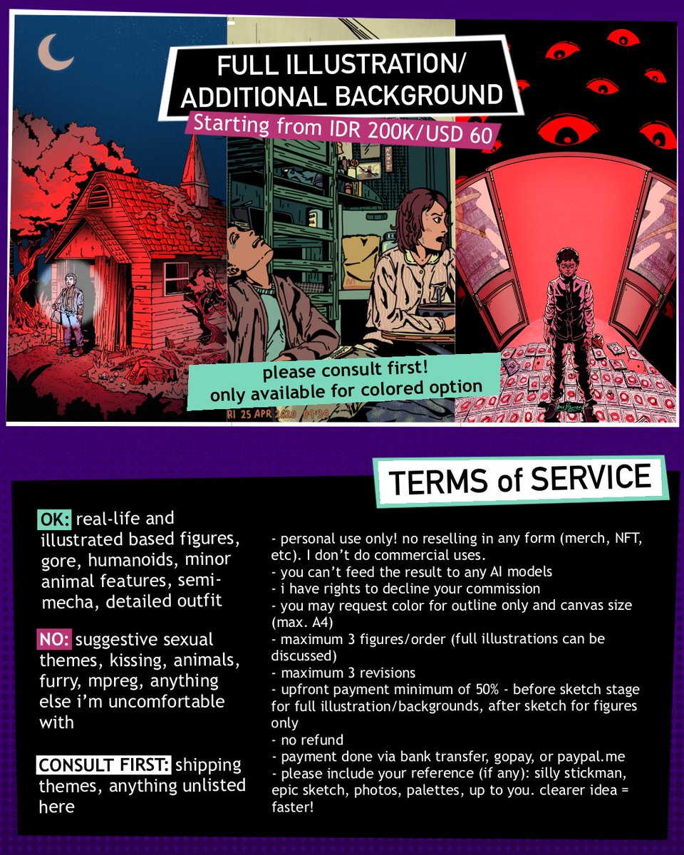 heyo, illustration commissions are open again! now i'm also open for colored ones and backgrounds ✨

check the replies for more samples and slot availability (can't say precisely due to circumstances). contact me via the DMs to order/ask!

*bank transfer and gopay are for IDR