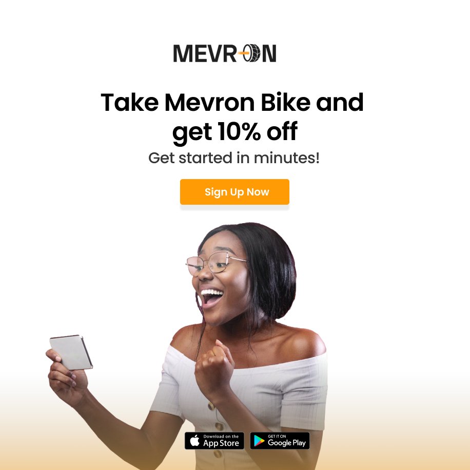 MevronRide's tweet photo. Riding with Mevron just got even better! 🚲🎉 Take a ride on our Mevron Bike and get 10% off your fare using Promo Code MEVRON10. With our easy-to-use app, you can easily locate and book your ride in minutes. #Mevron #Ridesharing #ibadan https://t.co/b4kIuhlua2