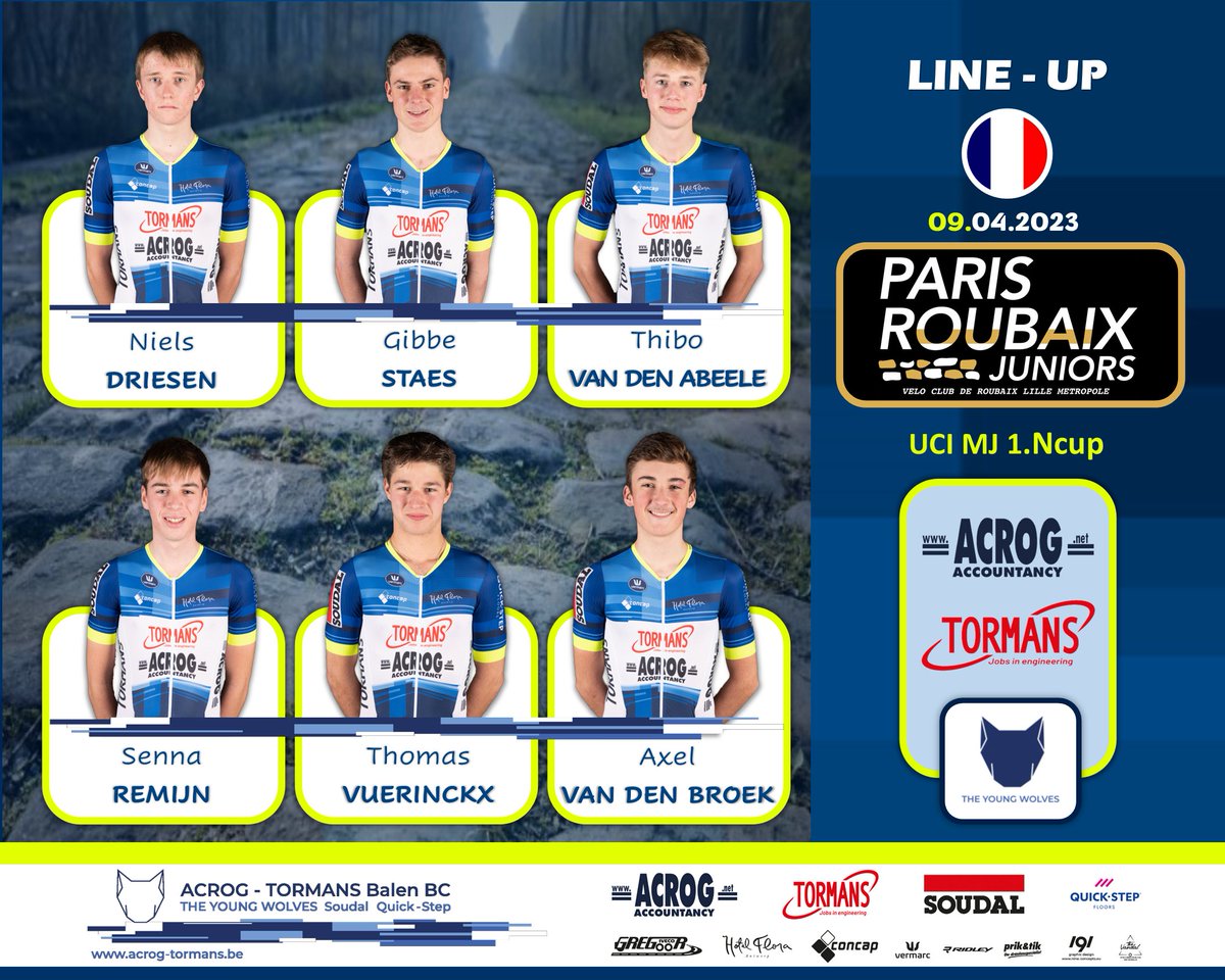 acrog_tormans's tweet photo. Line-Up Paris-Roubaix Junior
Good Luck 🐺
#acrogtormans #soudalquikstep #theyoungwolves #wearebalenbc https://t.co/es5tOor4bC