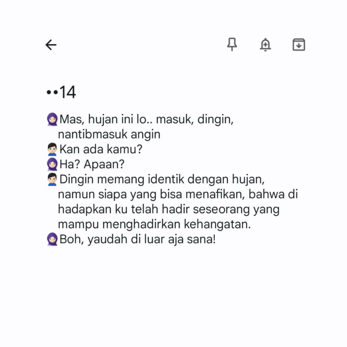 iqbalibun's tweet photo. Adakah yang lebih hangat dari pelukan dan tutur suara manja dari mu?
--
Ilustrasi: @iffanakmalans
#MasDek #Penasadewa #Serialewa #Cengkerama #Ramadhan #Ramadhan2023 #SiapaTahuHalal https://t.co/HbVzY1pFuX