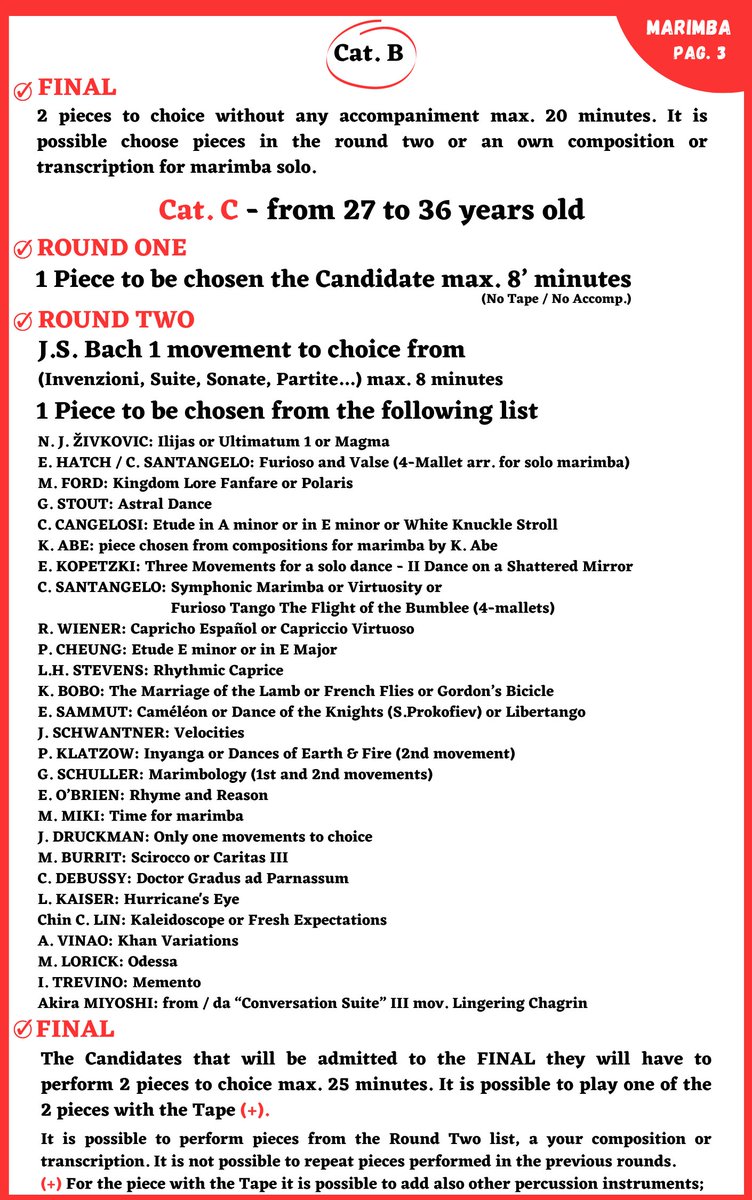 Italy PAS: from 29 August to 3 September in Pescara in the music conservatory  “L. D'Annunzio" the contest for MARIMBA. Here is the program and the Jury.
Rules e info: italypas.it Registration is open and the deadline is July 7