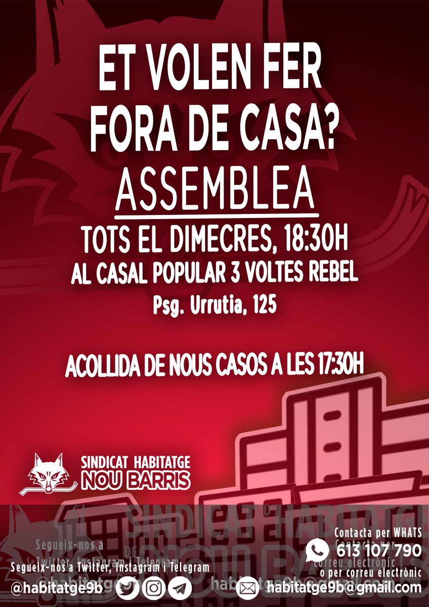 A partir d'avui fem les assemblees i les acollides al <a href="/CP3VoltesRebel/">CP 3 Voltes Rebel</a>  
🗓️TOTS ELS DIMECRES 
🕠17:30h Nous acolliments 
🕡18:30h Assemblea  
📍 Casal Popular 3 Voltes Rebel - psg. d'Urrutia, 125