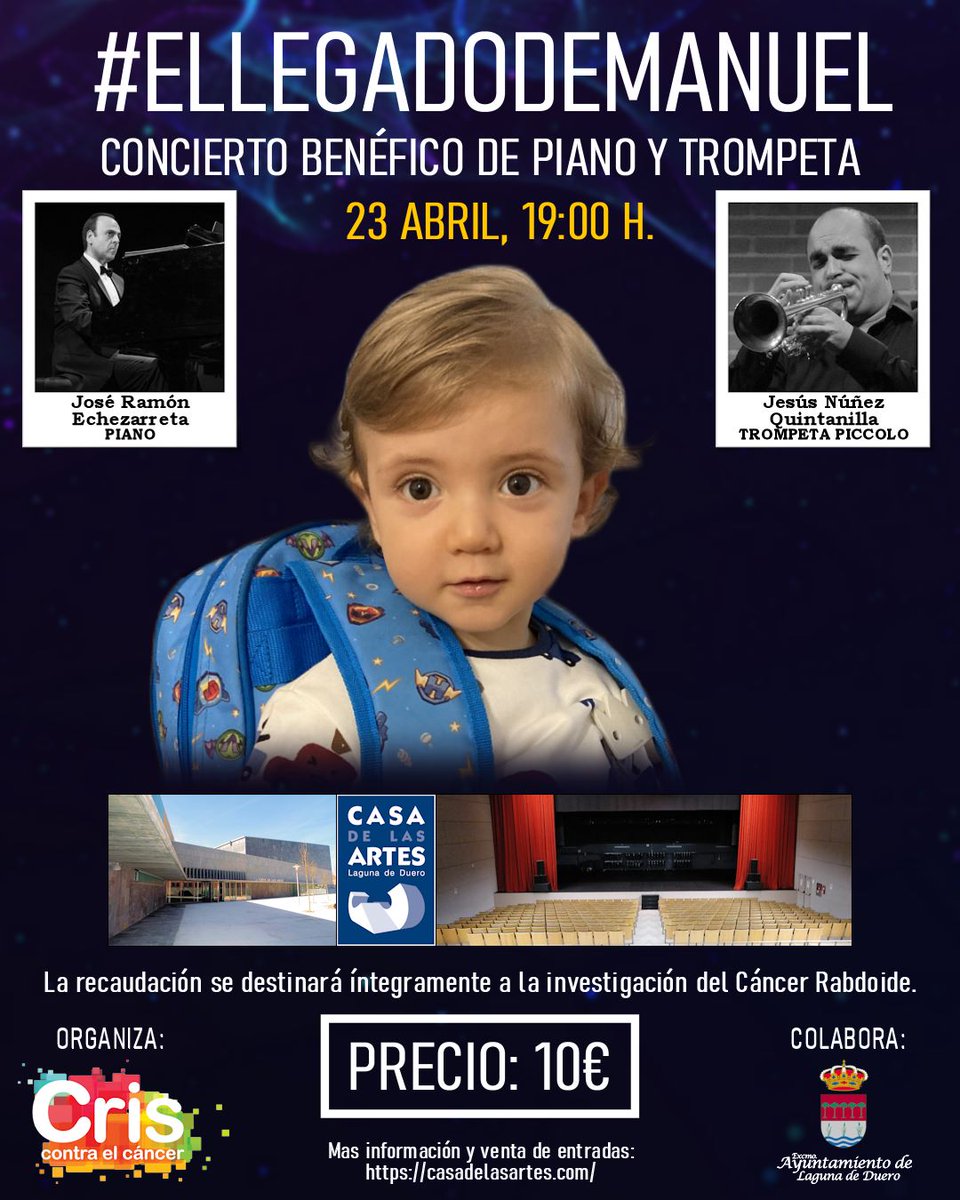 criscancer's tweet photo. 🔴Concierto benéfico por el #LegadodeManuel para #GanarAlCáncer. 

🔸El próximo 23 de abril en @casa_delasartes de #LagunadelDuero con el objetivo recaudar fondos para la investigación contra el #rabdoide. 

Consigue tu entrada👉https://t.co/BV6luHIrjd

#CRIScontraelcáncer https://t.co/TZauO9E6y2