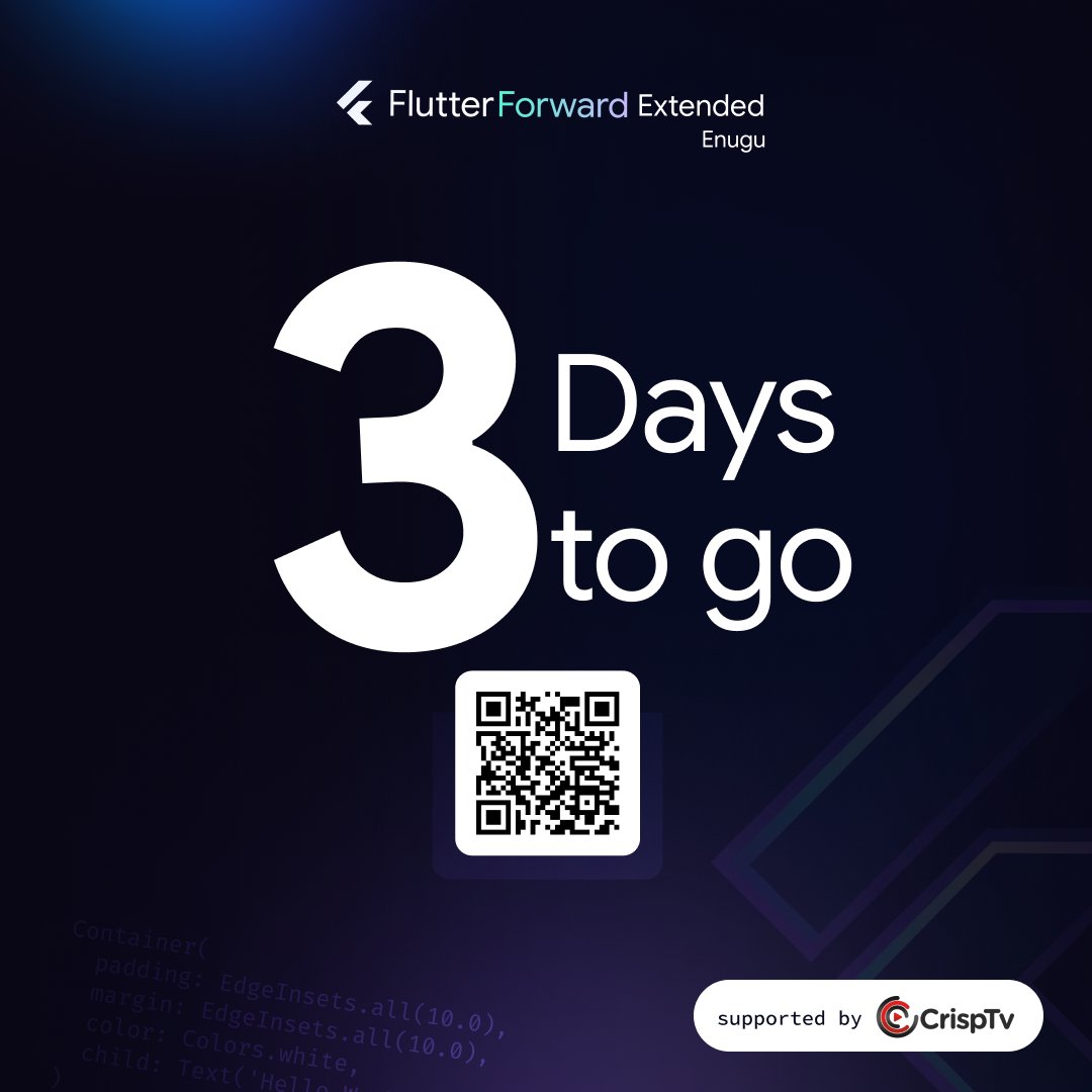 GdgEnugu's tweet image. Get ready to take your Flutter skills to the next level! 

In just 3 days, we will be hosting a Flutter event packed with exciting talks and workshops. 

Join us as we explore the latest updates and trends in Flutter development.

#FlutterForwardExtendedEnugu23