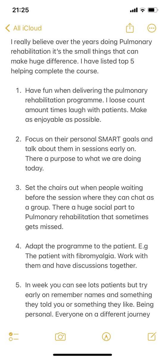 My Top 5 for helping people complete Pulmonary rehabilitation. It be great to see other way people try help patients complete Pulmonary rehabilitation. @ImpACTplus_team #Pulmonaryrehab #NACAP #ACPRC #BACPR #lovegrouprehab