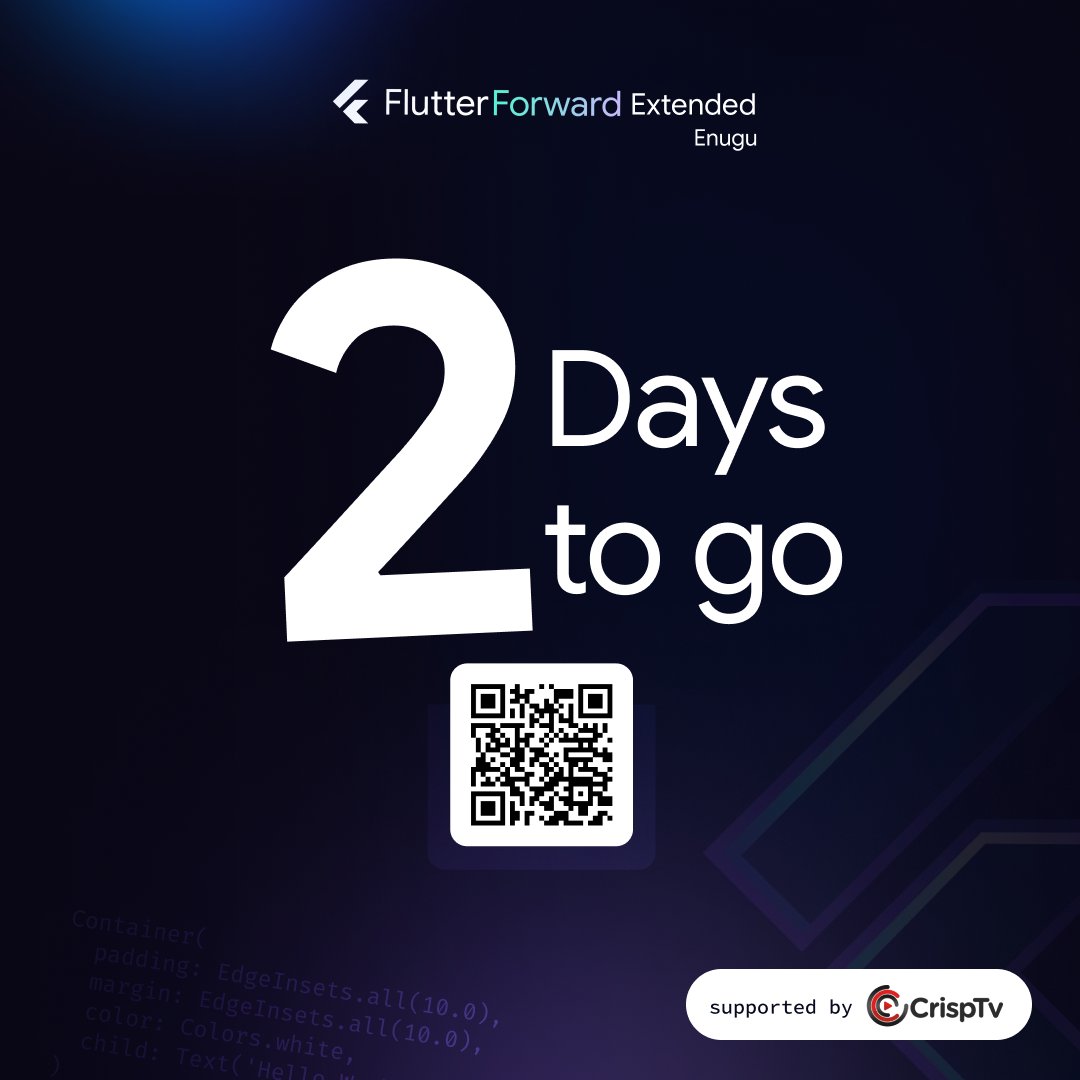 GdgEnugu's tweet image. With just 2 days left until our Flutter event, the excitement is building! 

Whether you&apos;re a beginner or an experienced developer, this event is for you. 

Our lineup of speakers and workshops will cover a range of topics, get ready!

#FlutterForwardExtendedEnugu23