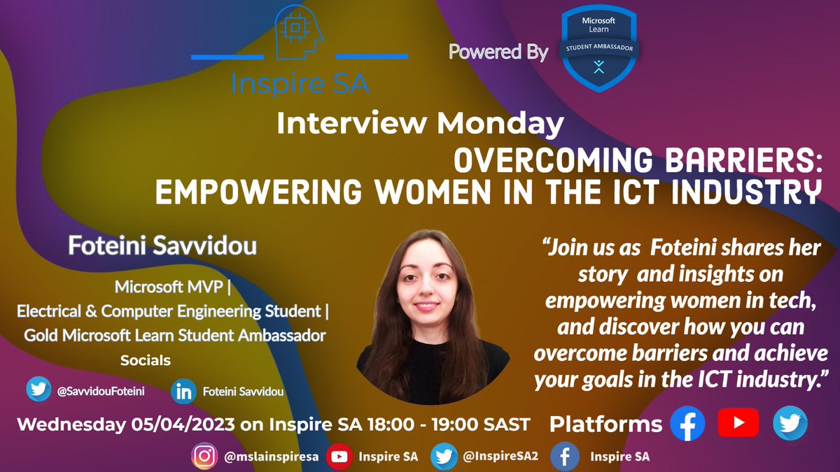 InspireSA2's tweet photo. 🎙️ #InterviewMondays is back on Inspire SA! Join us as @SavvidouFoteini  shares her story and insights to empower women to succeed in #tech. Don't miss it! #WomenInTech #Empowerment #ICTIndustry #GenderEquality #InspireSA https://t.co/xTA8YaCkaB