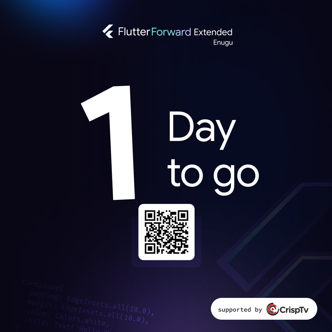 GdgEnugu's tweet image. It&apos;s almost here! Tomorrow, we will be hosting our highly anticipated Flutter event. 

Join us for a day of learning, networking, and fun. You&apos;ll hear from top Flutter experts on a variety of topics.

We can&apos;t wait to see you there!

#FlutterForwardExtendedEnugu23