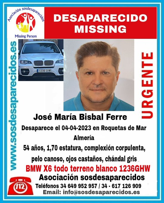 RafaelGLAF5's tweet photo. RT y MG por favor, desaparecido José María Bisbal Ferre, hermano de David Bisbal en Roquetas de Mar, Almería #AR5A https://t.co/xSrnFdQVWb