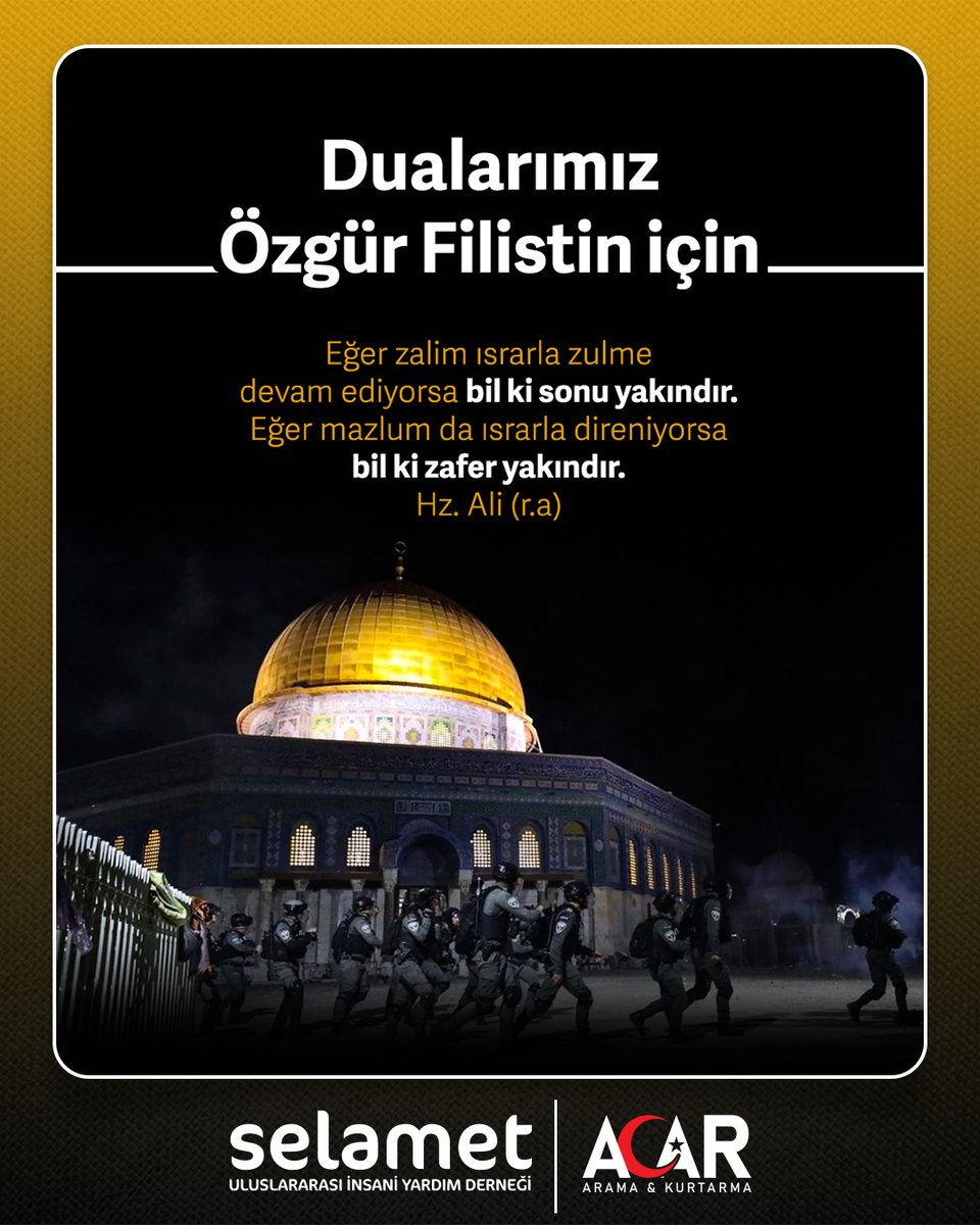 Eğer zalim ısrarla zulme devam ediyorsa bil ki sonu yakındır. Eğer mazlum da ısrarla direniyorsa bil ki zafer yakındır. Hz. Ali (r.a)
Dualarımız Özgür Filistin için.

#MescidiAksa #ÖzgürFilistin #Kudüs