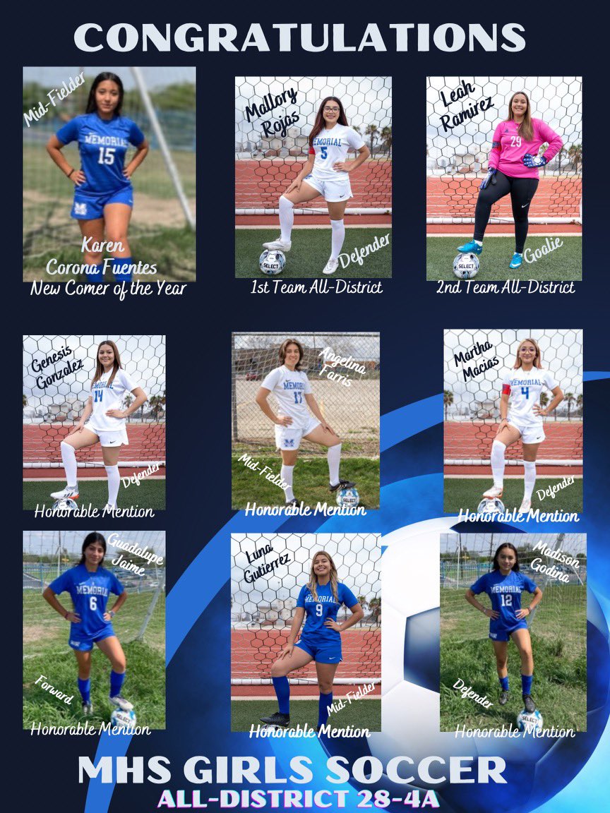 The following MHS soccer girls were selected into the All-District Team for 2022-2023. Congratulations Ladies, your hard work paid off. Till next year!! <a href="/MemorialGrlAthl/">Memorial High School Girls Athletics</a> <a href="/EISDMemorialHS/">Memorial High School</a> <a href="/EISDofSA/">Edgewood ISD</a> <a href="/Edgewood_sa/">Edgewood Athletics of SA</a>