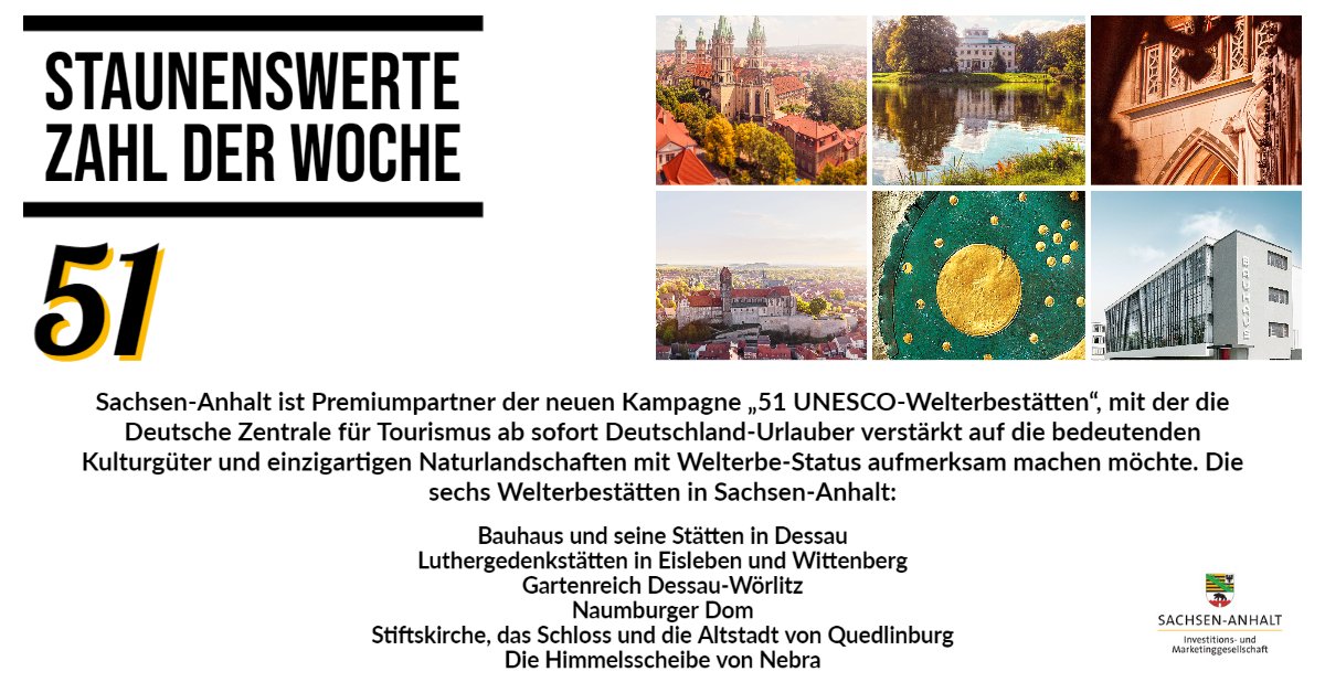 Nur die besten unter den herausragenden Zeugnissen der Menschheits- und Naturgeschichte dürfen den Titel #UNESCO-Welterbe tragen. Viele der Besten finden Sie in Sachsen-Anhalt. Wir sind Premiumpartner der <a href="/GermanyTourism/">GermanyTourism</a> Kampagne zu den 51 Welterbestätten im Land. <a href="/gntblive/">Deutsche Zentrale für Tourismus</a>