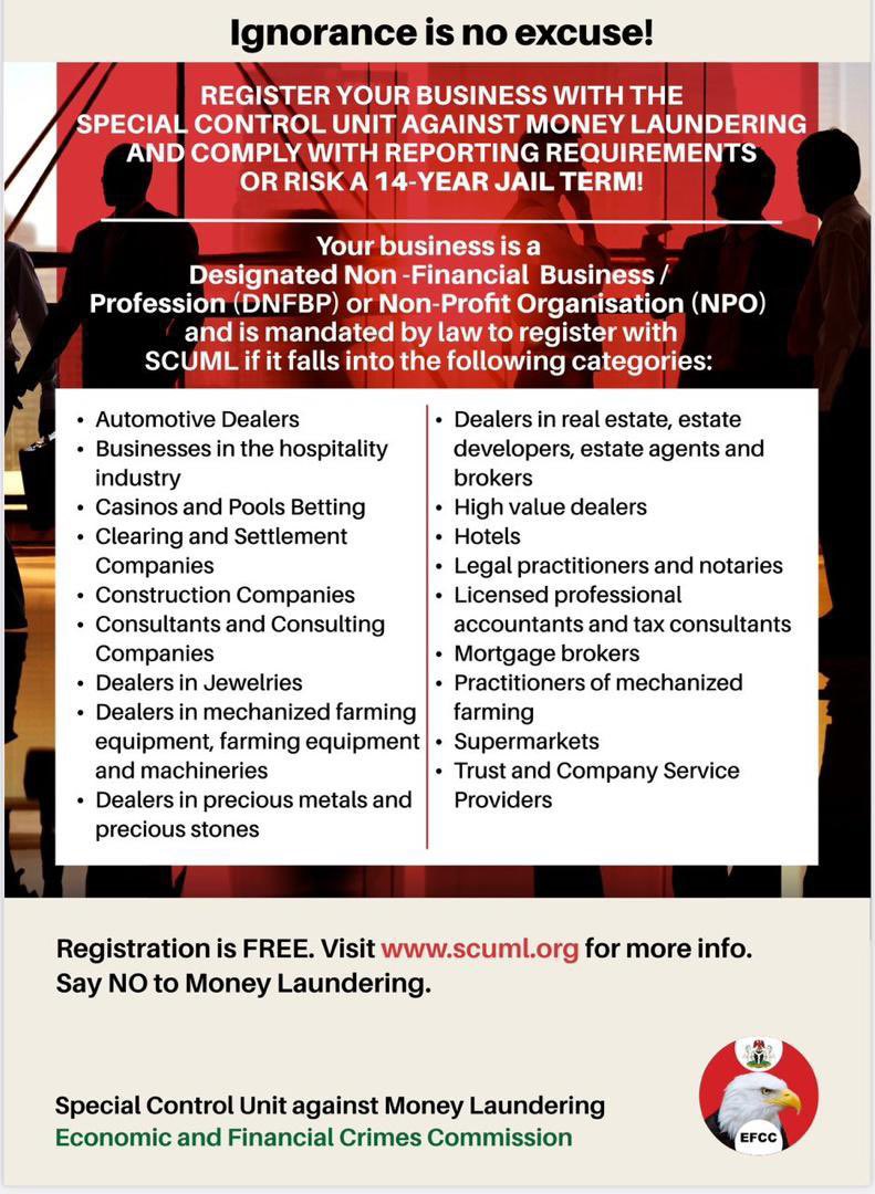 baddest_cash's tweet image. If your company fits into any of these categories, protect it by registering with the Special Control Unit Against Money Laundering, or suffer the repercussions. 

#EFCC #SCUML