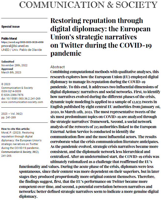 pabmoral's tweet photo. It's been an honor to present my newly published paper on EU's digital diplomacy at the @PolStudiesAssoc conference #PSA23. 

Glad to be part of the fantastic special issue on diplomacy &amp; narratives by @JournalCommSoc:  https://t.co/vcclI7Vm3L https://t.co/1Uku2WpFTg
