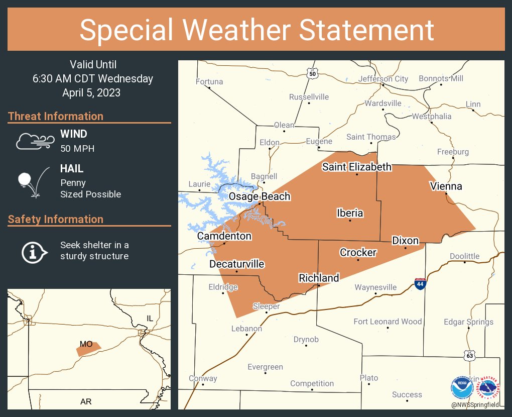 This graphic displays a special weather statement plotted on a map. The statement is in effect until 6:30 AM CDT. The statement includes Osage Beach MO, Camdenton MO and Richland MO. A strong thunderstorm will impact portions of western Maries, Miller, north central Laclede and northern Pulaski and eastern Camden Counties through 630 AM CDT. The threats associated with this storm are wind gusts up to 50 MPH and penny sized hail. Seek shelter in a sturdy structure until the storm passes.