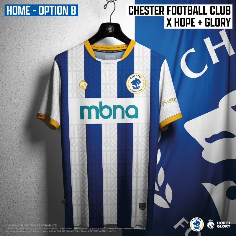 ChesterFC's tweet photo. 👀 Four options, two to pick.

👕 @CityFansUnited members have now been contacted to vote for our @hgsportswear home and away shirts for 2023/24!

#OurClub 🔵⚪️
