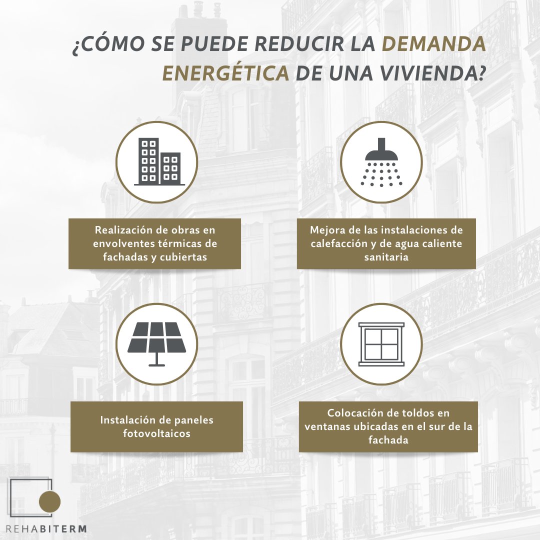 ¿Cómo reducir la demanda energética de una vivienda?

👉Obras en envolventes térmicas de fachadas y cubiertas. 
👉Mejora de instalaciones de calefacción y de agua caliente. 
👉Instalación de paneles fotovoltaicos.
👉Colocación de toldos en ventanas ubicadas en el sur.