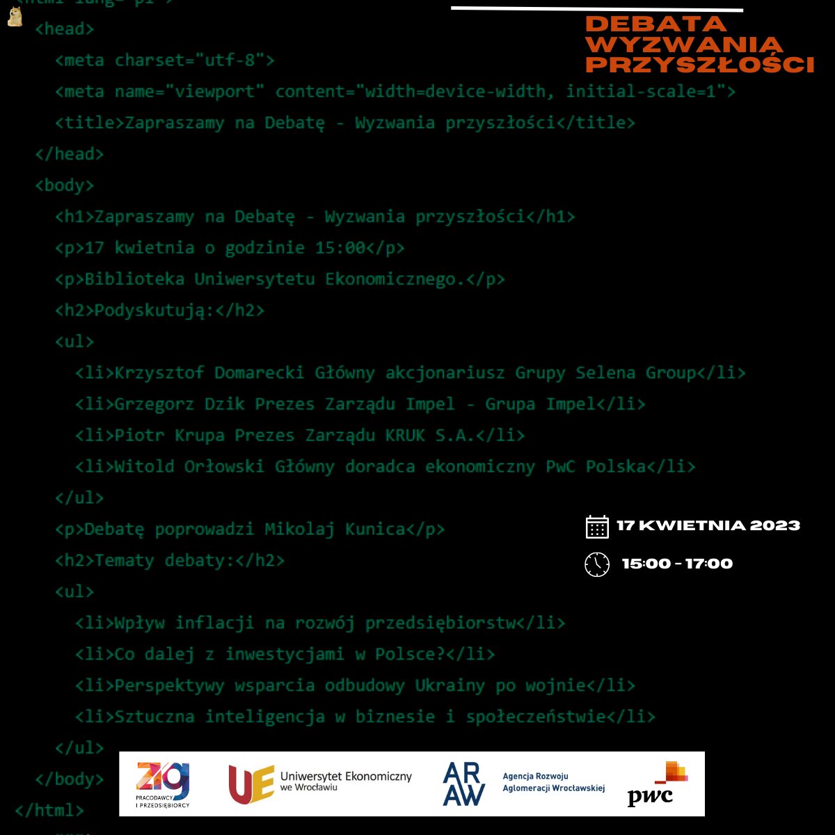 ZIGospodarcza's tweet photo. 17.04 zapraszamy na Debatę - wyzwania przyszłości. 
Krzysztof Domarecki z Selena Group
Grzegorz Dzik z @Impel_SA 
Piotr Krupa z @kruk_sa 
Witold Orłowski z @PwCPolska 

Rejestracja: https://t.co/35soHkLJVY https://t.co/kqMioxBpG5