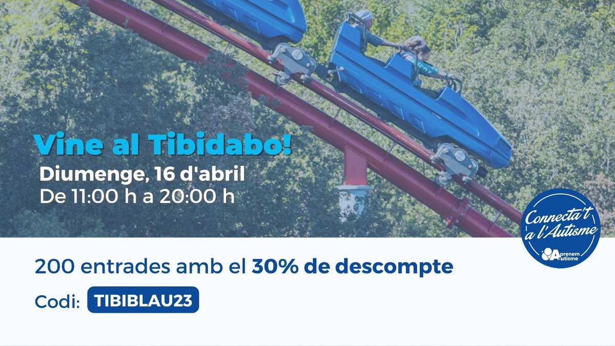 🔵El 16 d'abril, t'esperem al <a href="/parctibidabo/">Parc d'atraccions Tibidabo</a>! 

Gaudeix d'un 30% de descompte en la teva entrada amb el codi "TIBIBLAU23" i participa de la jornada solidària a favor de l'#autisme. Acompanya'ns en aquesta iniciativa!👉ja.cat/CgJUd