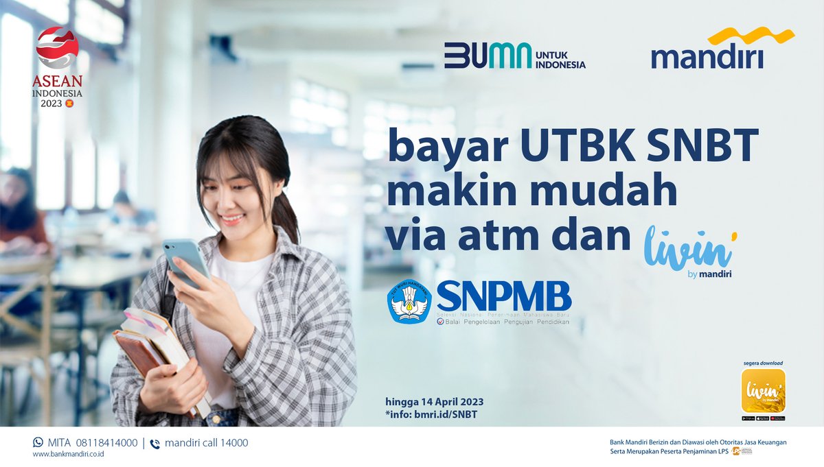 bankmandiri's tweet photo. UTBK SNBT udah di depan mata! Yuk fokus siapin diri, karena urusan bayarnya bisa praktis lewat ATM atau Super App Livin’ by Mandiri~

Berlaku s/d 14 April 2023. Cek cara daftarnya di https://t.co/9HGc5UZjfn

#mandiripromo #PakaiLivin https://t.co/cCgftowQHE