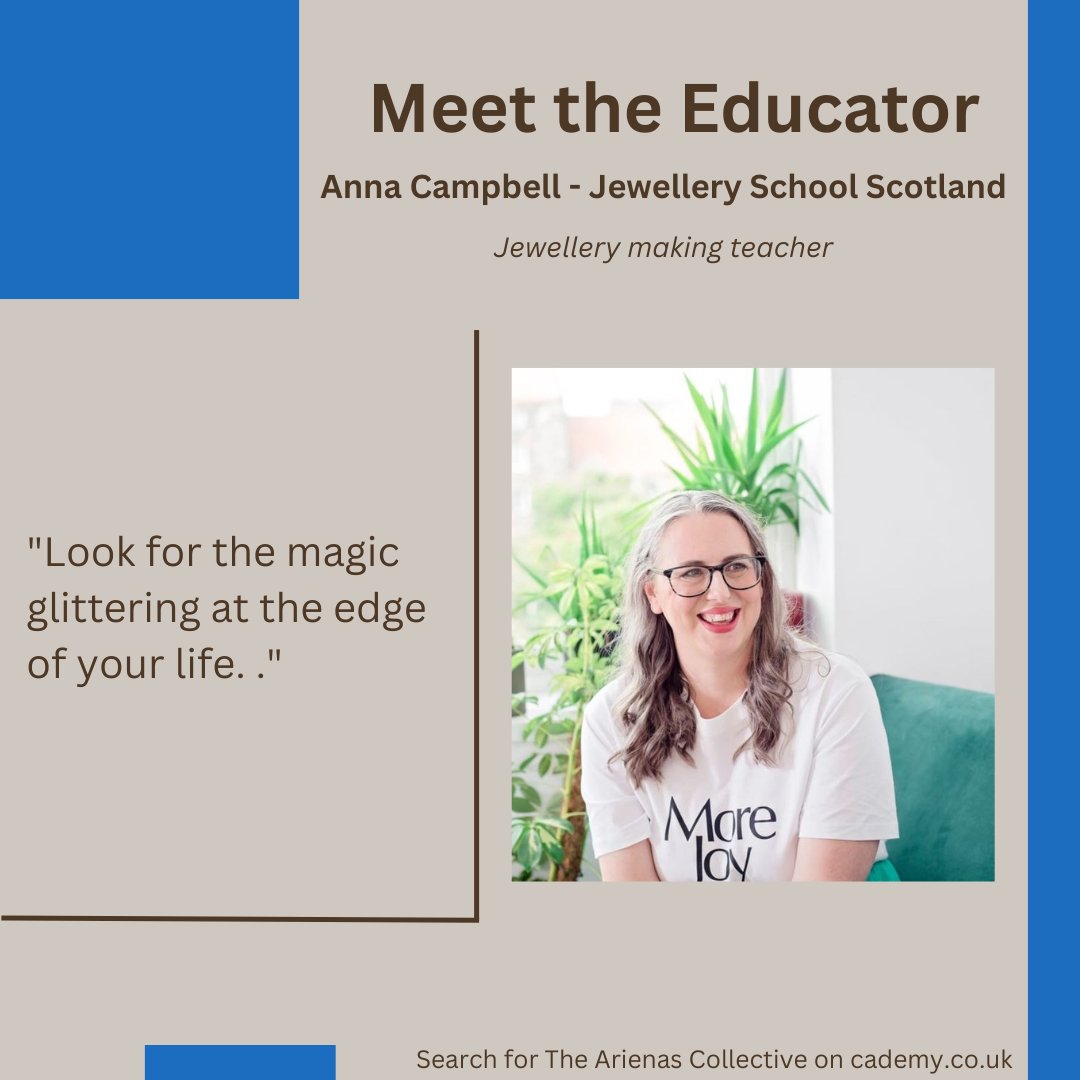 🦉 Meet the Educator: Anna Campbell - Jewellery Making Teacher.
Introducing people to jewellery making, particularly with silver clay,  is one of her absolute favourite things 😍
Find Anna's courses by searching for The Arienas Collective on cademy.co.uk