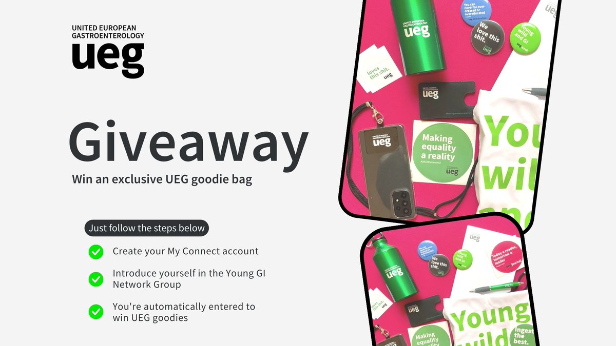 my_ueg's tweet photo. Join the Young GI Network group in My Connect and post in the feed or forum by May 1 for the chance to win a UEG goodie bag! 🏆
To compete in our giveaway, head to https://t.co/EAztI4ictS!
The winner will be announced on May 3 in the Young GI Network group on My Connect. https://t.co/gS7IF500Ka