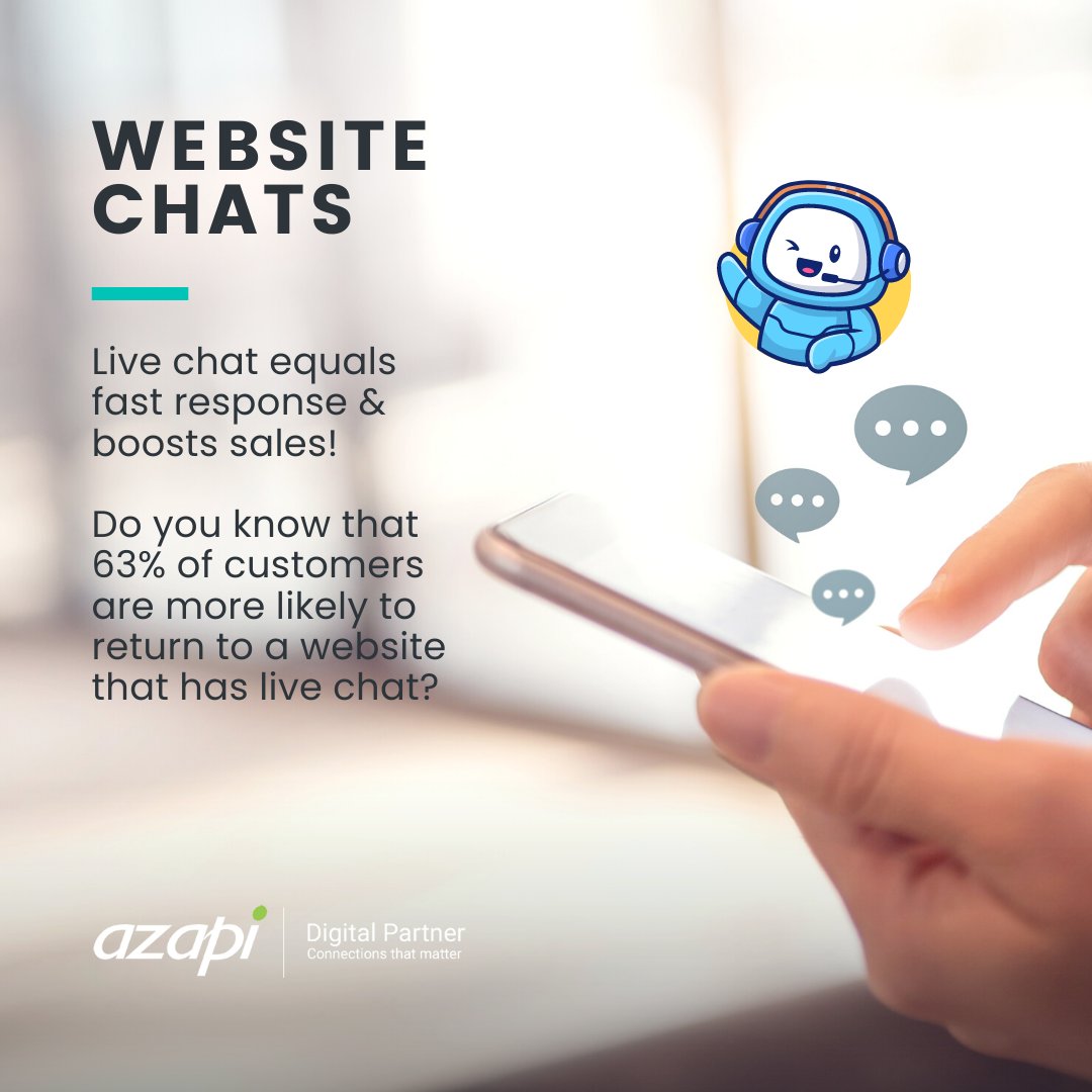 FirstImpactSA's tweet image. Do You Chat With Your Clients?
Website chats are the norm. And customers love live chat, it makes contact effortless by ensuring the prompt delivery pertinent information and suppling real-time help.
  
Email hello@azapi.co.za and let’s get you set up. 
  
#Azapi #DigitalPartner