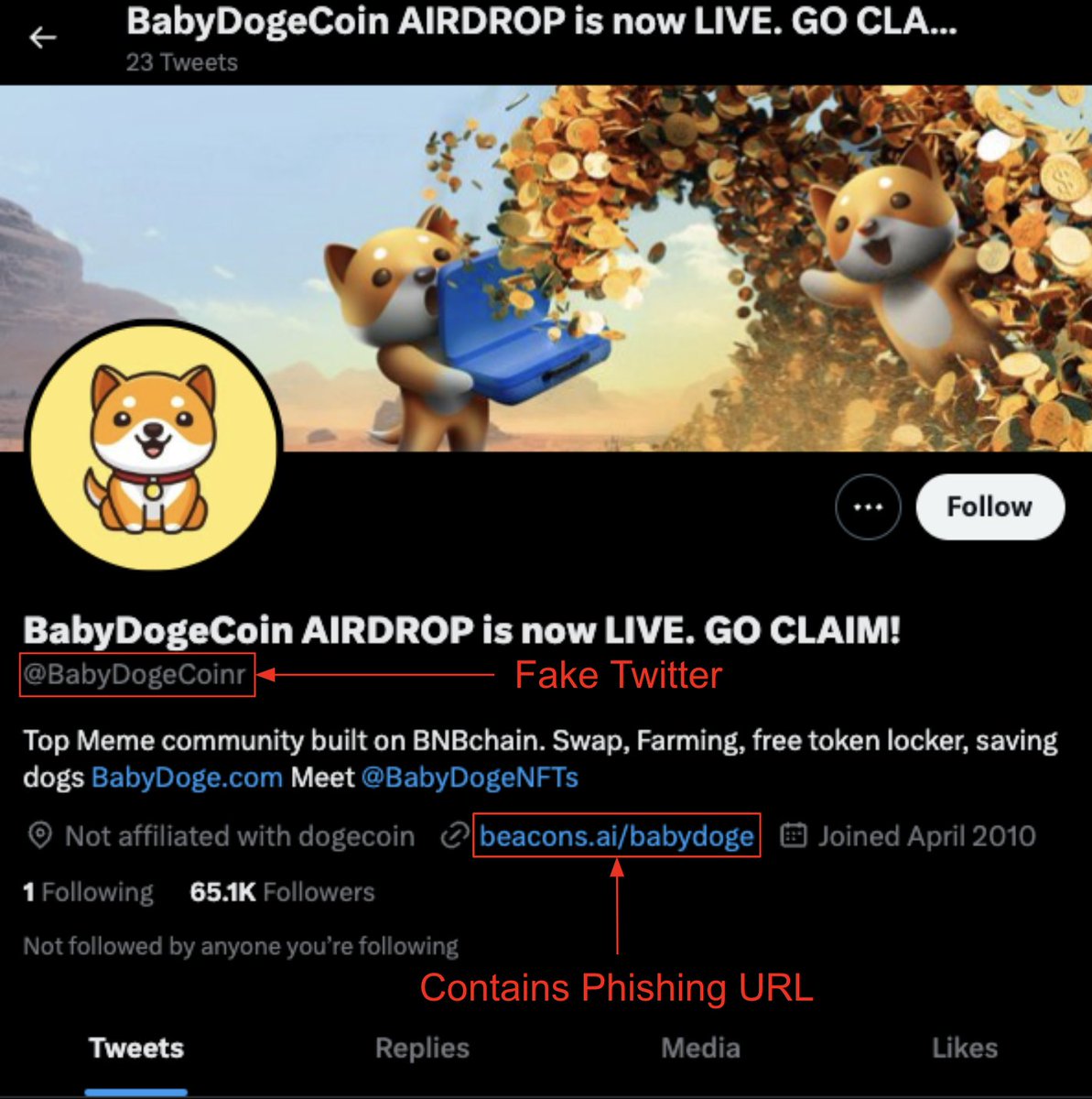 CertiKAlert's tweet photo. #CertiKSkynetAlert 🚨

Beware of a fake BabyDogeCoin Twitter account promoting a phishing URL

Do not interact with hxxps://babydogecoins.co/

URL connects to the same phishing contract we identified in a fake ChainLink site. Scammer has already stolen ~18 ETH

Stay vigilant! https://t.co/hWpI0kcEDv