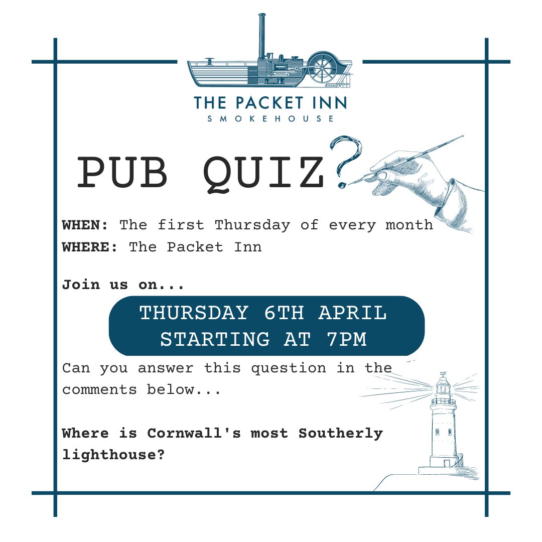 ThePacketInn's tweet photo. Our next Quiz Night is tomorrow! If you’d like to secure one of the last remaining tables give us a call asap. 

Do you know the answer to this month’s warm-up question? Let us know!

#pubquiz #packetinn #generalknowledge #cornwall #localknowledge #QI #quizteam https://t.co/sOI7MXTDqA